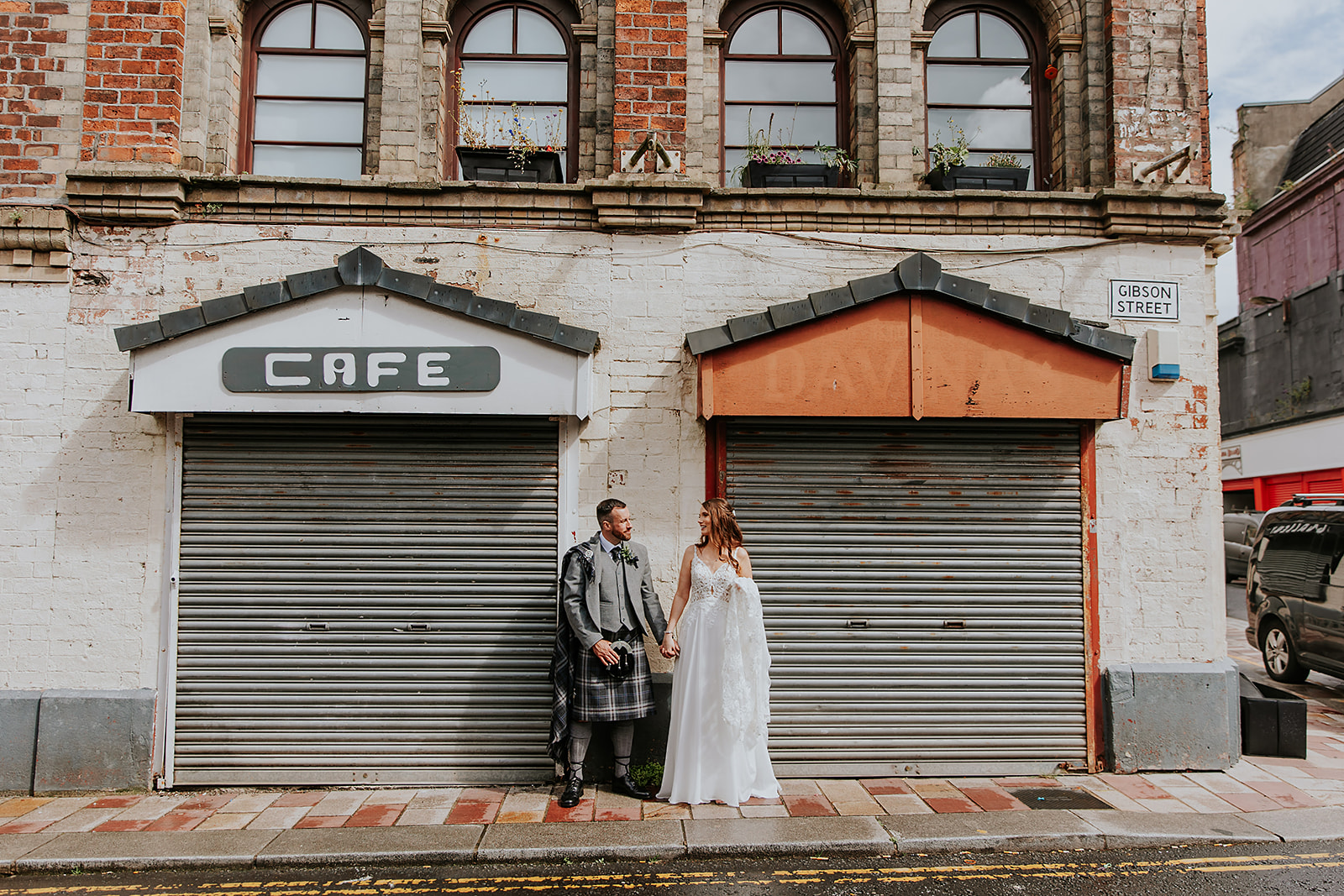 Nearly wedded couple in Barras after getting married at St Lukes Glasgow